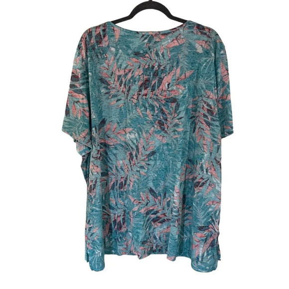Erika Tropical Plus Size 3X Blouse Keyhole Studded Embellished Blue Pink Leaves - Picture 2 of 7